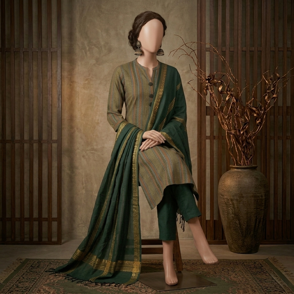 Premium olive green unstitched 3-piece traditional suit by ZH2, displaying a striped shirt fabric, dark green trousers, and a gold-bordered matching dupatta drape.