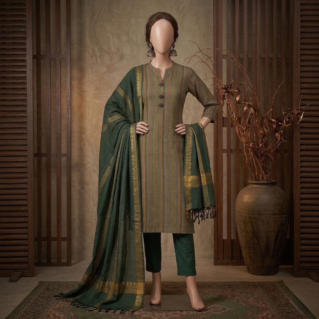 Premium olive green unstitched 3-piece traditional suit by ZH2, displaying a striped shirt fabric, dark green trousers, and a gold-bordered matching dupatta drape.
