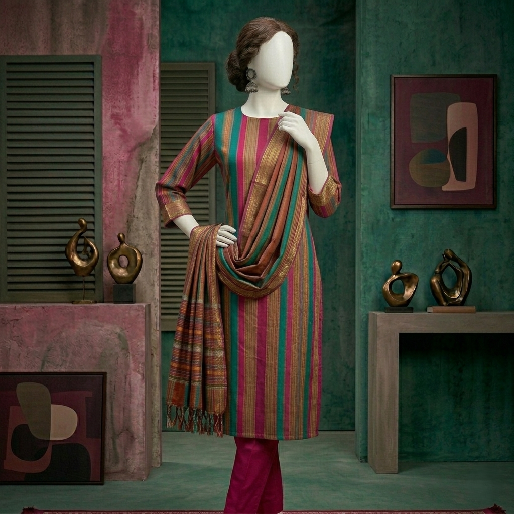 unstitched 3-piece suit featuring magenta and teal striped shirt fabric with matching magenta trousers and a traditional fringe shawl dupatta on a studio mannequin.