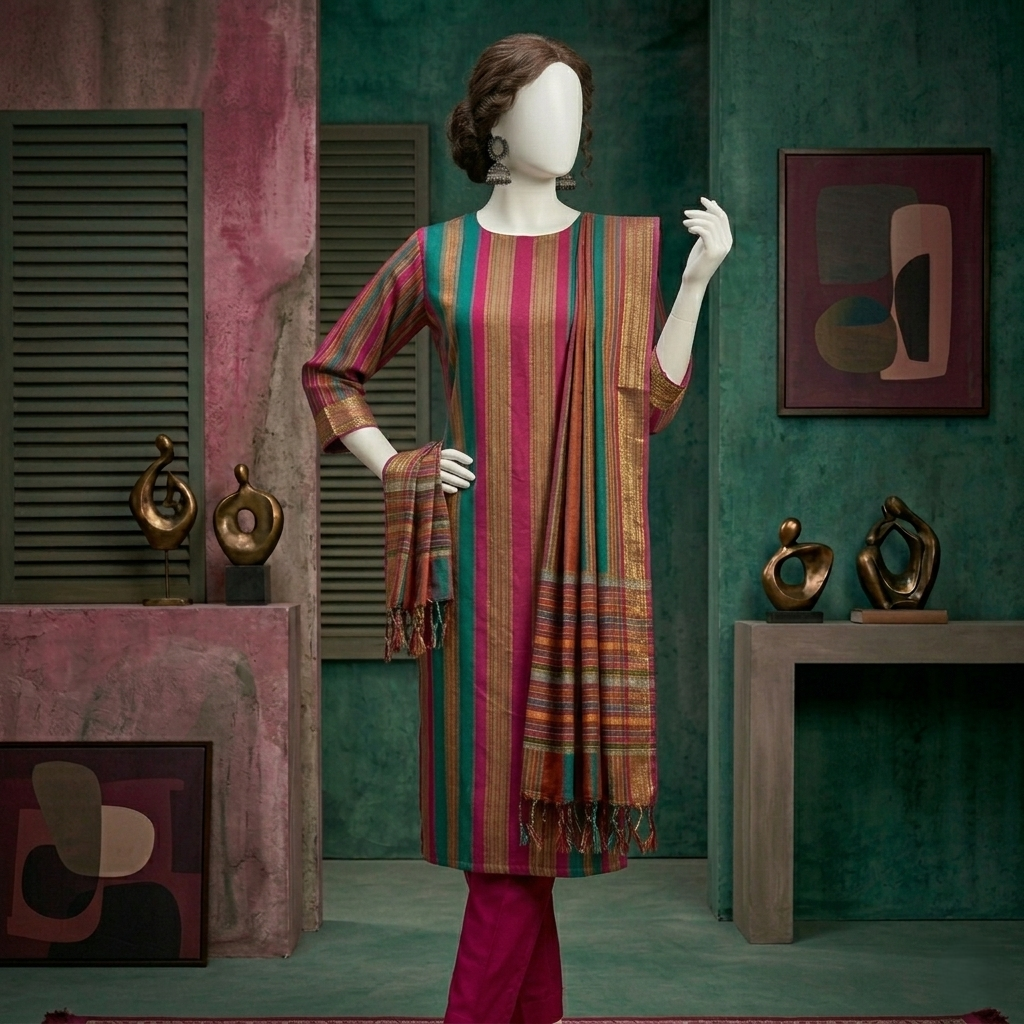 unstitched 3-piece suit featuring magenta and teal striped shirt fabric with matching magenta trousers and a traditional fringe shawl dupatta on a studio mannequin.
