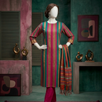 unstitched 3-piece suit featuring magenta and teal striped shirt fabric with matching magenta trousers and a traditional fringe shawl dupatta on a studio mannequin.