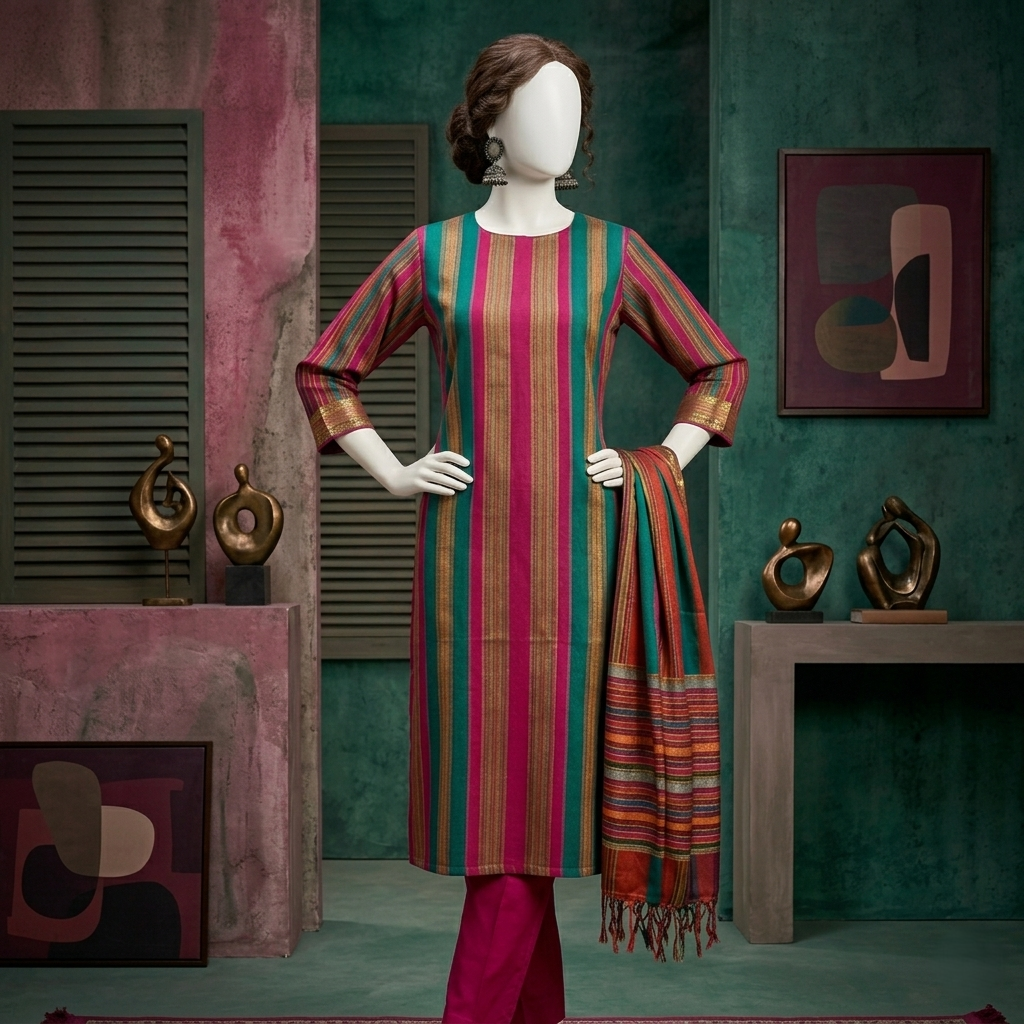 unstitched 3-piece suit featuring magenta and teal striped shirt fabric with matching magenta trousers and a traditional fringe shawl dupatta on a studio mannequin.