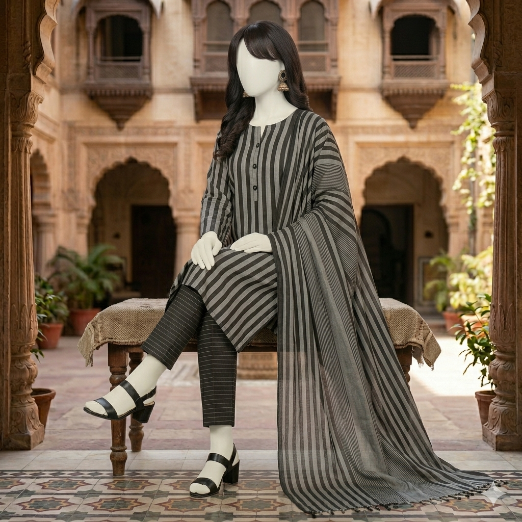 "Model view of 3-piece monochrome striped cotton silk unstitched suit sitting on bench"