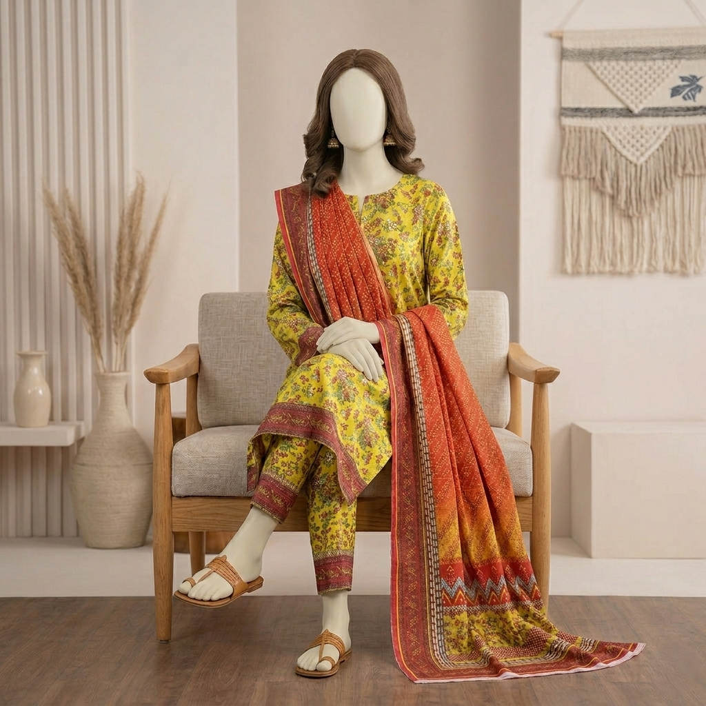 3-piece unstitched mustard yellow printed lawn suit on a sitting mannequin, featuring an all-over floral kameez, matching trousers, and a draped rust-orange printed dupatta.