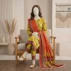 3-piece unstitched mustard yellow printed lawn suit on a sitting mannequin, featuring an all-over floral kameez, matching trousers, and a draped rust-orange printed dupatta.