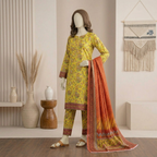Side profile view of a traditional unstitched three-piece yellow salwar kameez with a vibrant rust and gold printed dupatta held to the side on a mannequin.