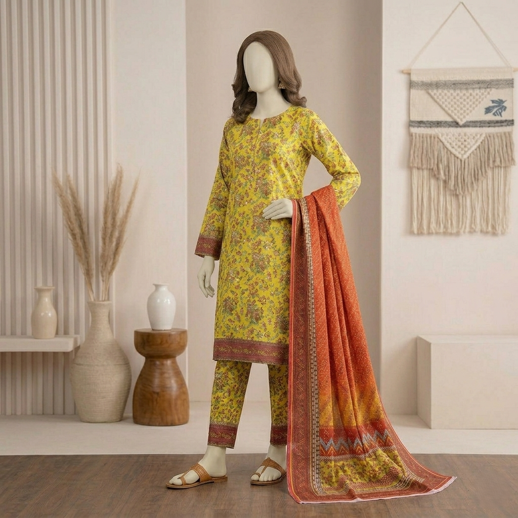 Side profile view of a traditional unstitched three-piece yellow salwar kameez with a vibrant rust and gold printed dupatta held to the side on a mannequin.