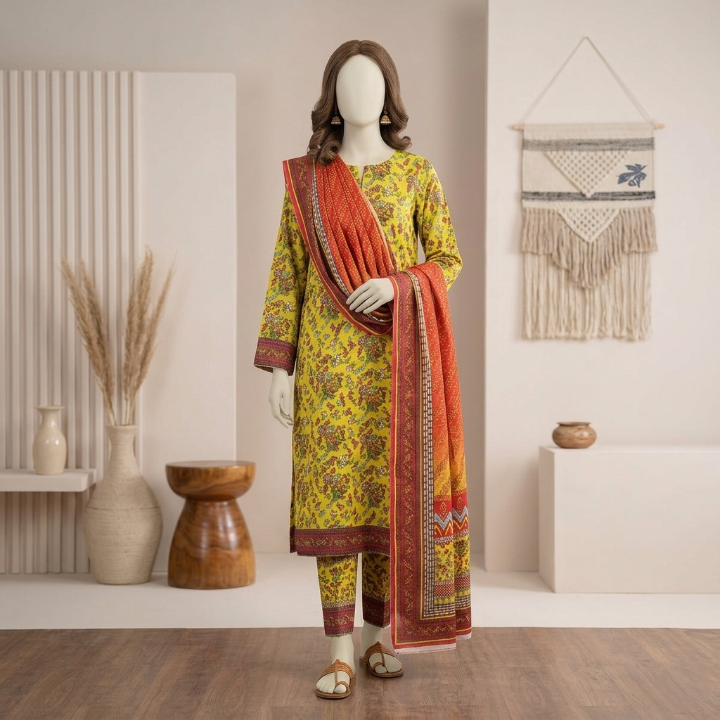Full-length front view of a women's unstitched 3-piece yellow printed cotton suit with matching slim trousers and a multi-shaded rust dupatta draped over the shoulder.