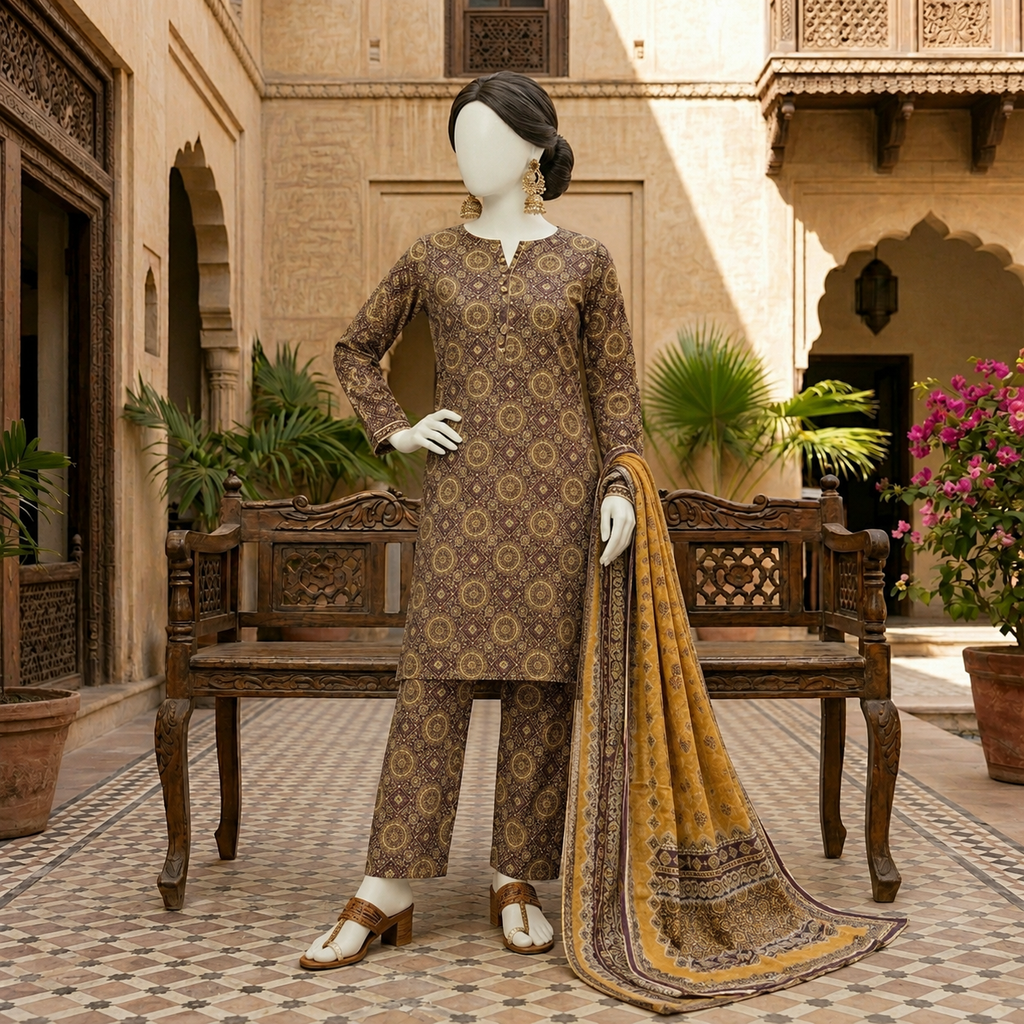 Three-piece unstitched coffee brown suit with traditional geometric Ajrak prints, paired with straight trousers and a contrasting mustard yellow printed dupatta in a courtyard setting.
