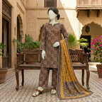 Front view of an ethnic brown and gold printed unstitched 3-piece lawn suit for women, styled with a draped mustard yellow block-print dupatta.