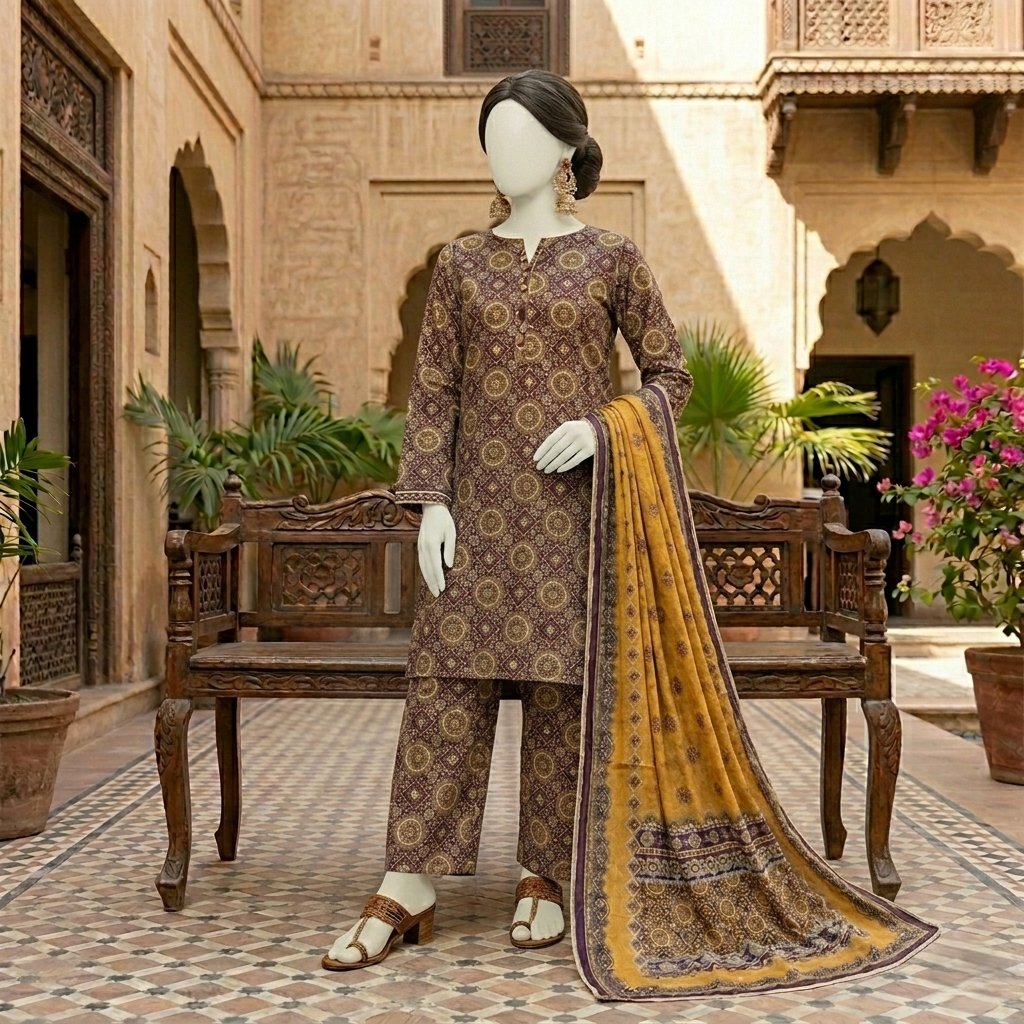 Front view of an ethnic brown and gold printed unstitched 3-piece lawn suit for women, styled with a draped mustard yellow block-print dupatta.