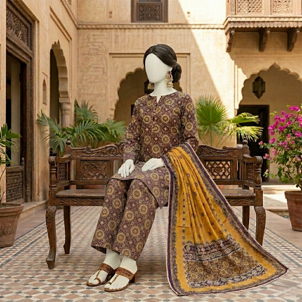 Unstitched coffee brown premium printed suit with a matching trouser and an elegant golden-mustard patterned dupatta draped over a sitting mannequin.