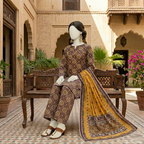 Unstitched coffee brown premium printed suit with a matching trouser and an elegant golden-mustard patterned dupatta draped over a sitting mannequin.