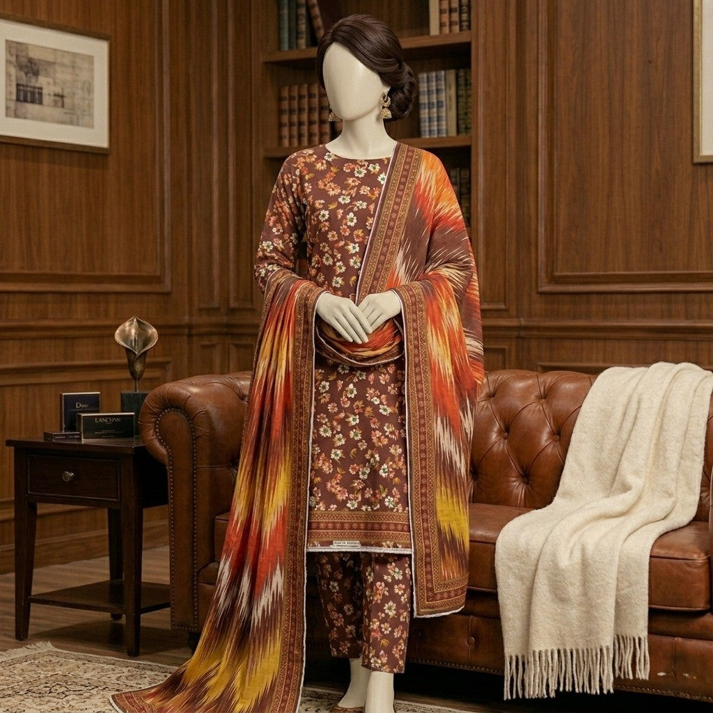 Premium 3-piece unstitched chestnut brown ladies' suit featuring an all-over small floral print, paired with a bold multi-color abstract ikat-print dupatta.
