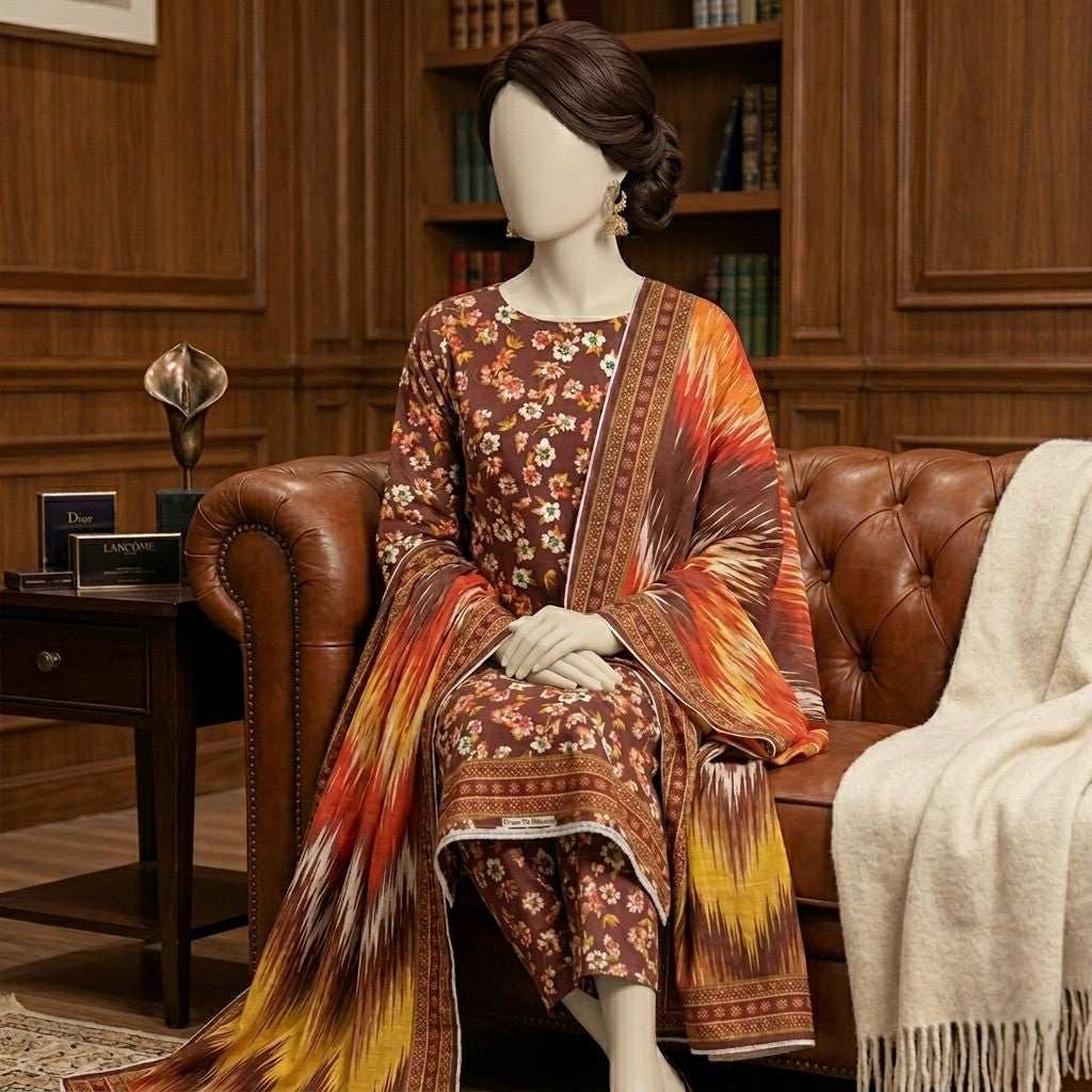 Elegant earth-toned brown floral unstitched lawn shirt and trouser set, accented by a striking fiery orange, yellow, and brown ikat dupatta.