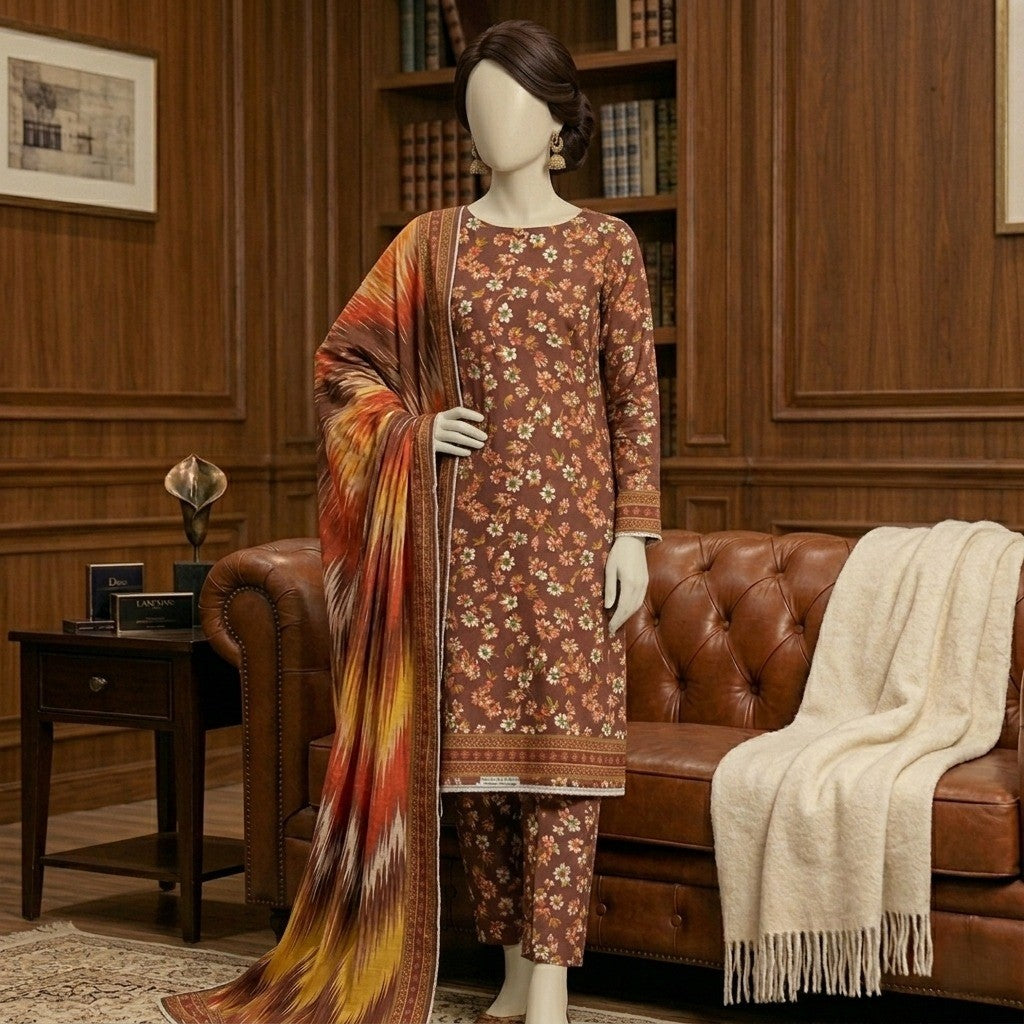 Full-length display of a women's unstitched casual wear 3-piece brown floral printed suit with a matching trouser and a fluid, colorful abstract print dupatta.
