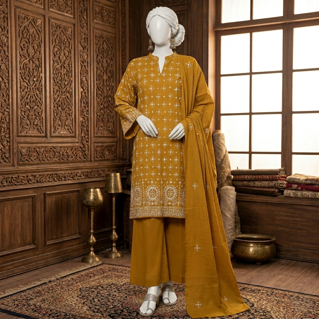 A mannequin wearing a mustard 3-piece embroidered suit with intricate white patterns, displayed in an aesthetic, classic room setting.