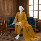 A mustard 3-piece outfit styled on a mannequin seated on a blue velvet sofa, showcasing the drape and detailing of the embroidery.
