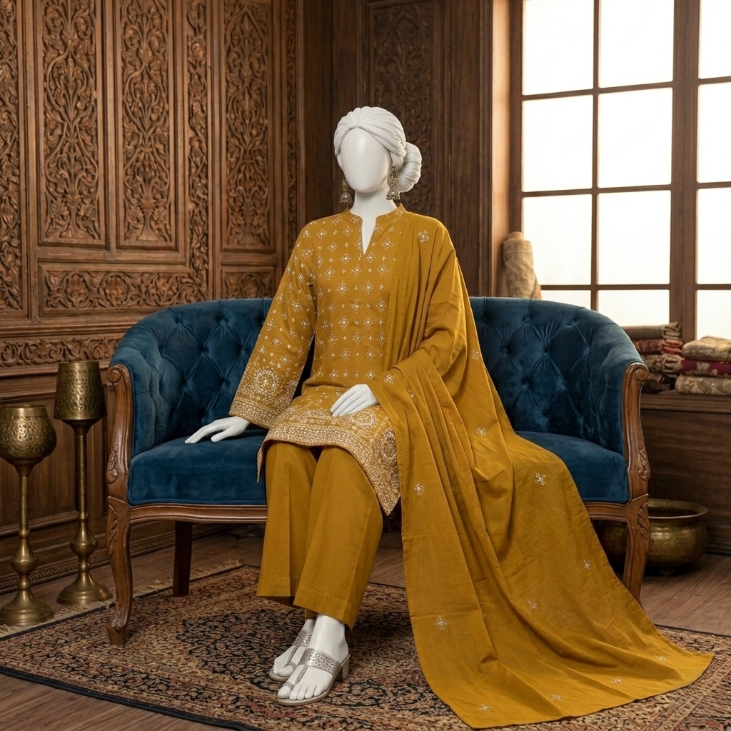 A mustard 3-piece outfit styled on a mannequin seated on a blue velvet sofa, showcasing the drape and detailing of the embroidery.