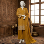 A full-length view of a mustard 3-piece embroidered suit displayed on a mannequin, highlighting the shirt, trousers, and matching dupatta.