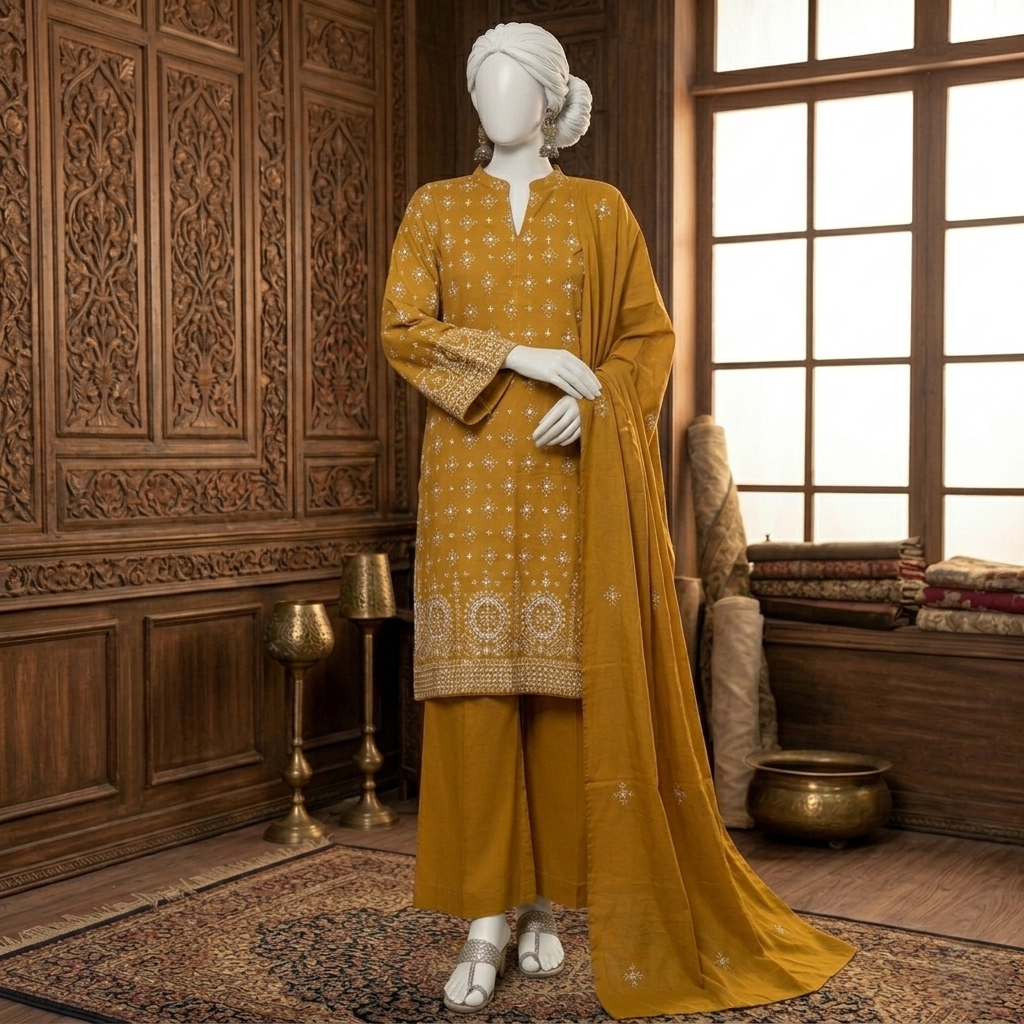 A full-length view of a mustard 3-piece embroidered suit displayed on a mannequin, highlighting the shirt, trousers, and matching dupatta.
