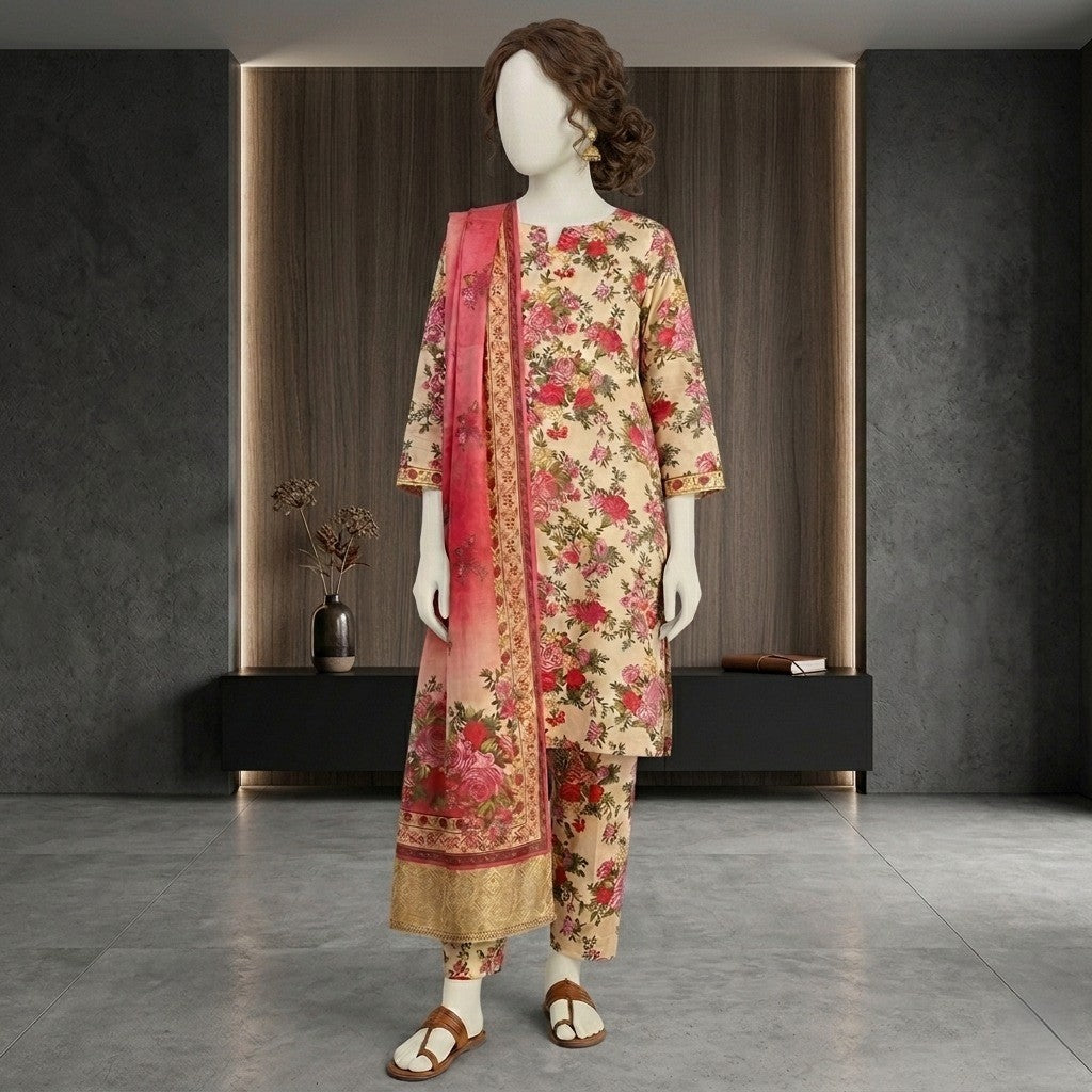 A full-length view of a mannequin wearing a cream-colored floral 3-piece suit, displayed in a modern, minimalist studio setting.