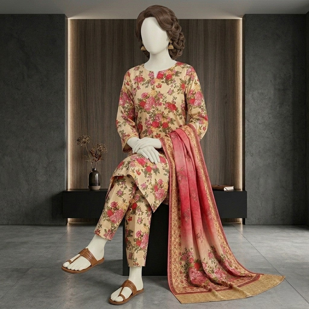 A seated mannequin showcasing the drape and detailing of a floral 3-piece lawn suit, highlighting the matching dupatta and trousers.