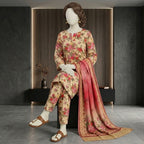 A seated mannequin showcasing the drape and detailing of a floral 3-piece lawn suit, highlighting the matching dupatta and trousers.
