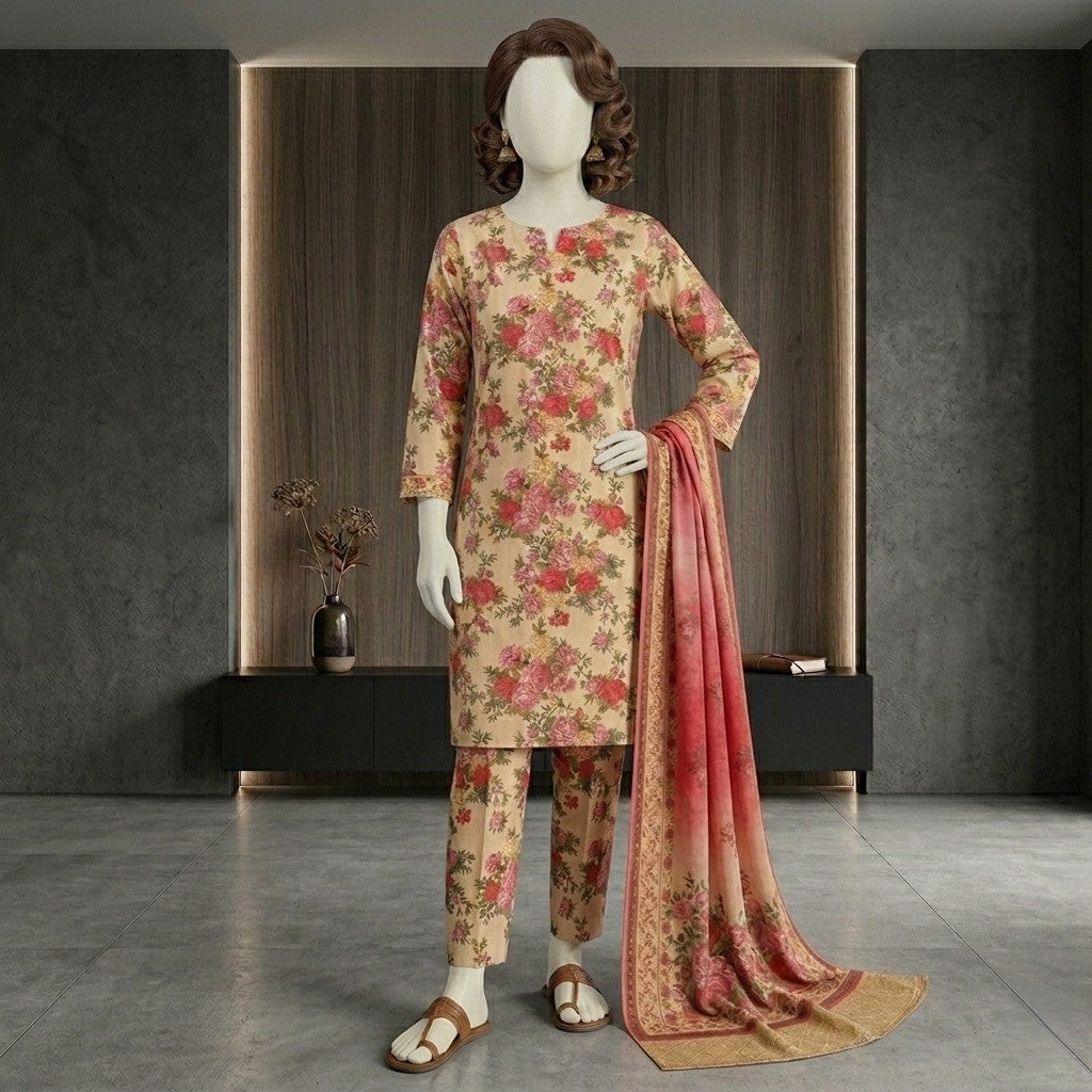 A mannequin posing in a 3-piece floral printed lawn suit, demonstrating the vibrant print and elegant aesthetic of the ensemble.