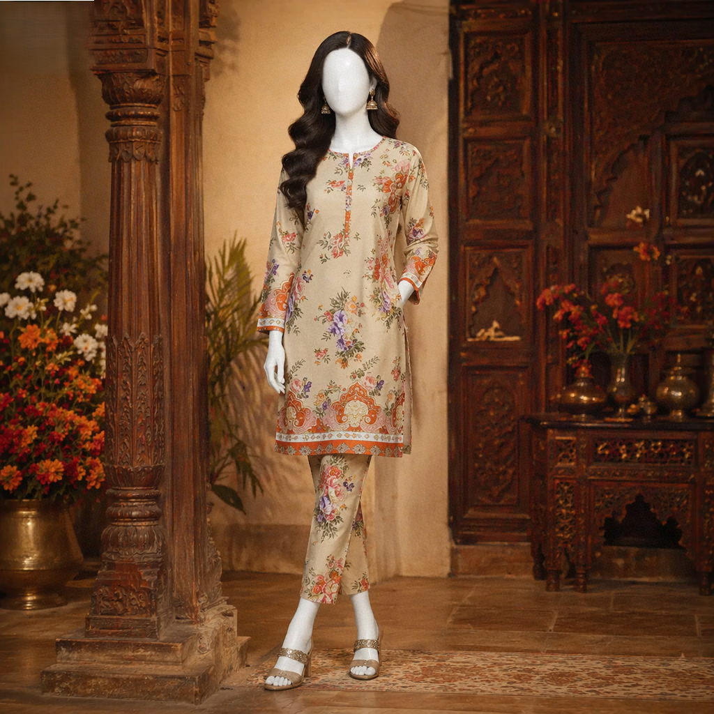 A mannequin wearing a cream and orange-toned floral 3-piece suit, displayed in an elegant, traditional room setting.