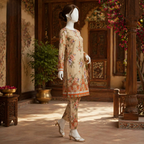 A side-profile view of a mannequin modeling a floral 3-piece lawn suit, showcasing the fit and pattern detail.