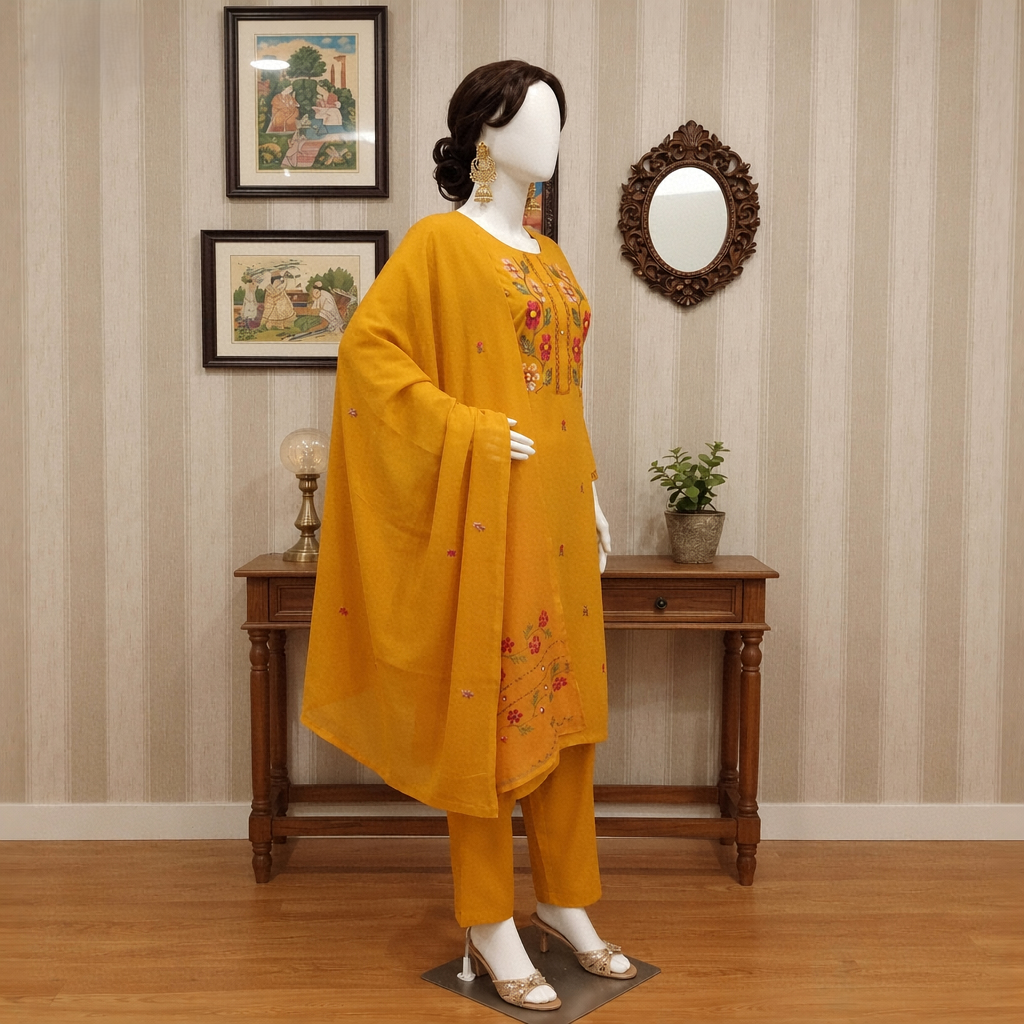 Side view of the mustard embroidered 2-piece suit showing the drape of the dupatta.