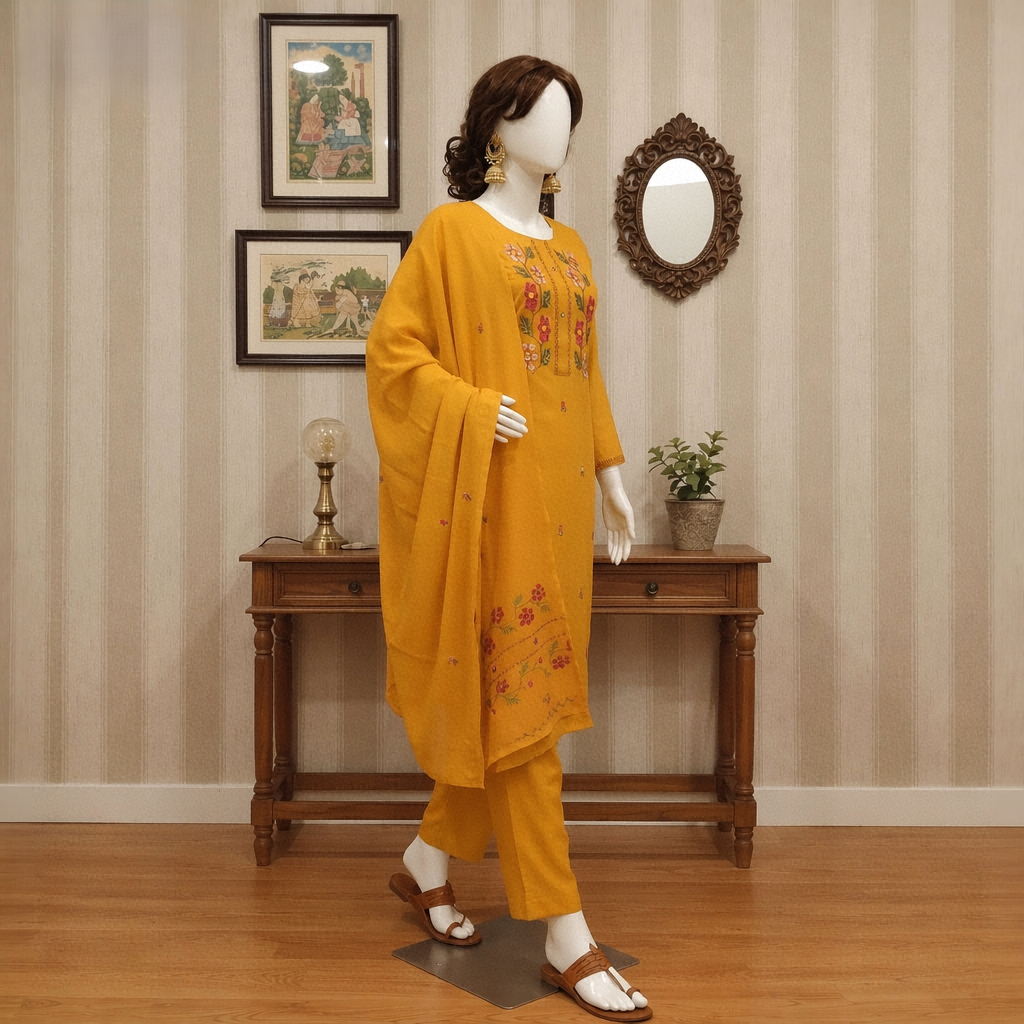 A mannequin displaying a mustard 2-piece suit with floral embroidery.