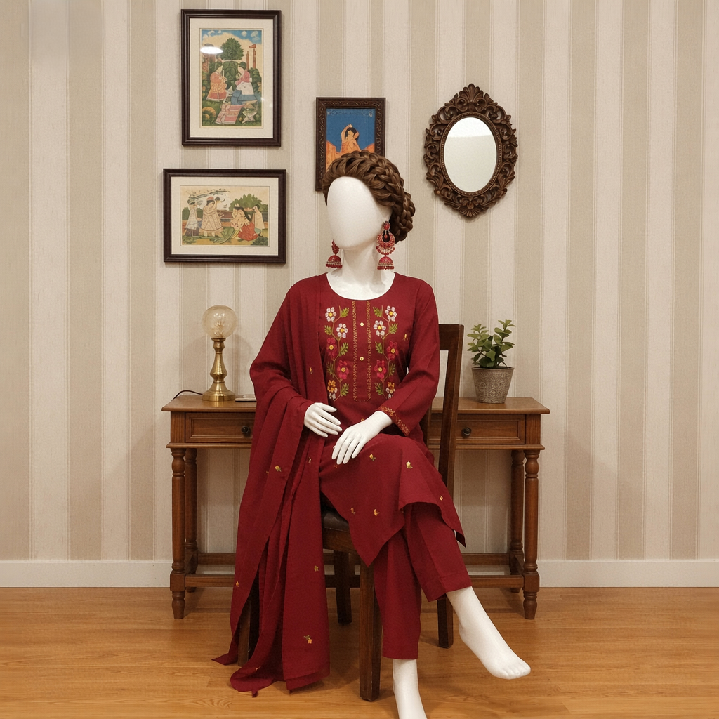 Mannequin seated in a maroon embroidered 2-piece suit