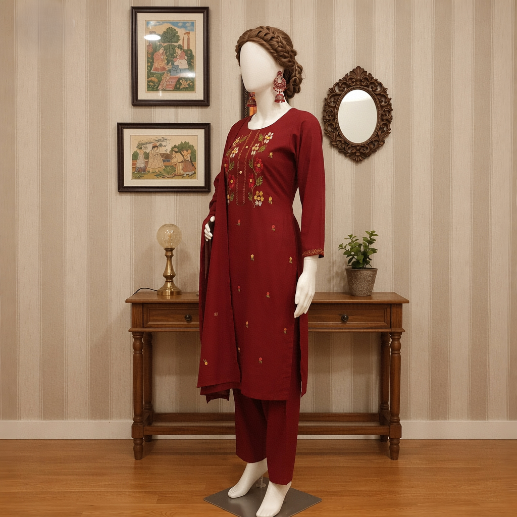 Standing view of the maroon embroidered 2-piece suit.