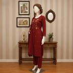 Standing view of the maroon embroidered 2-piece suit.
