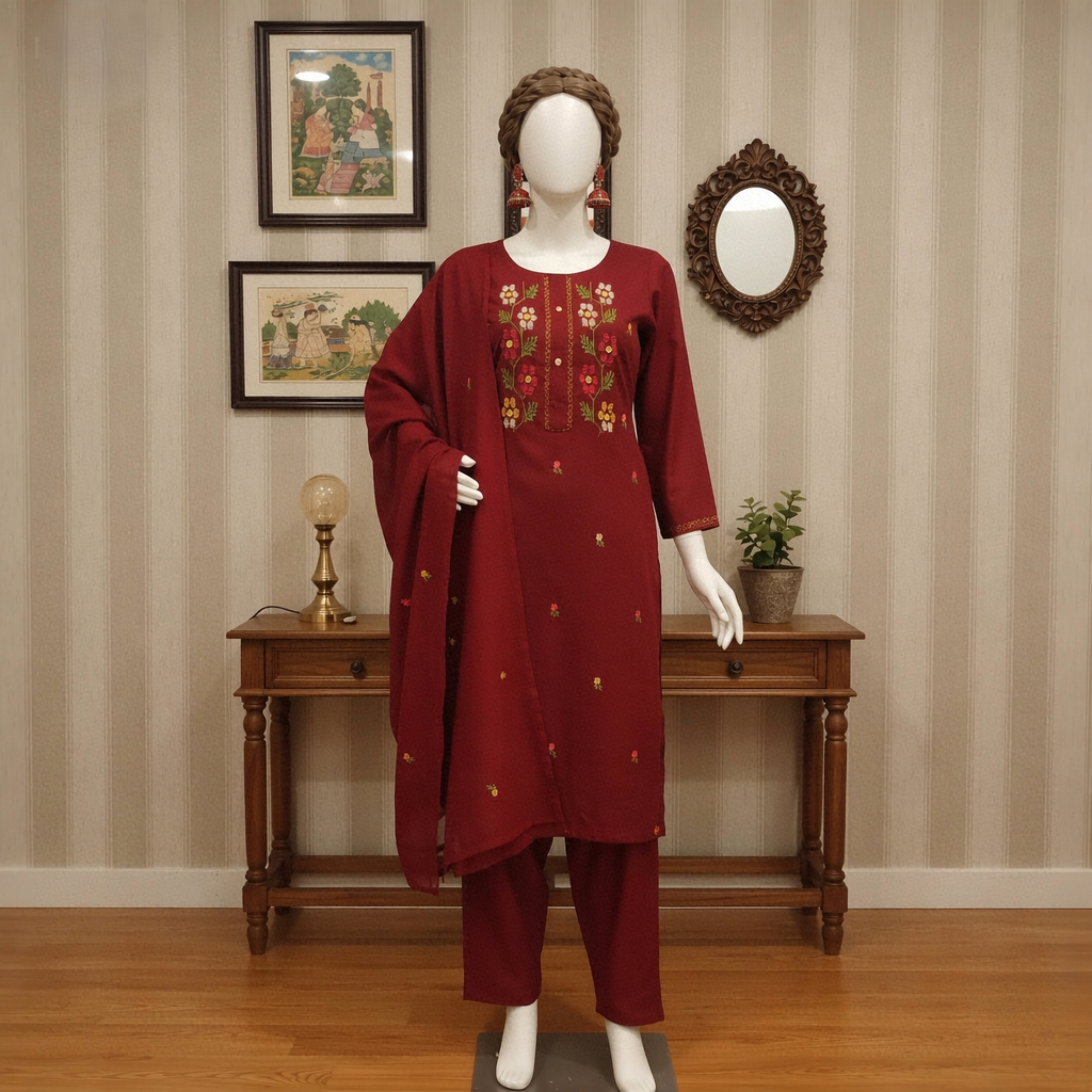 Detailed front view of the maroon 2-piece set on a mannequin.