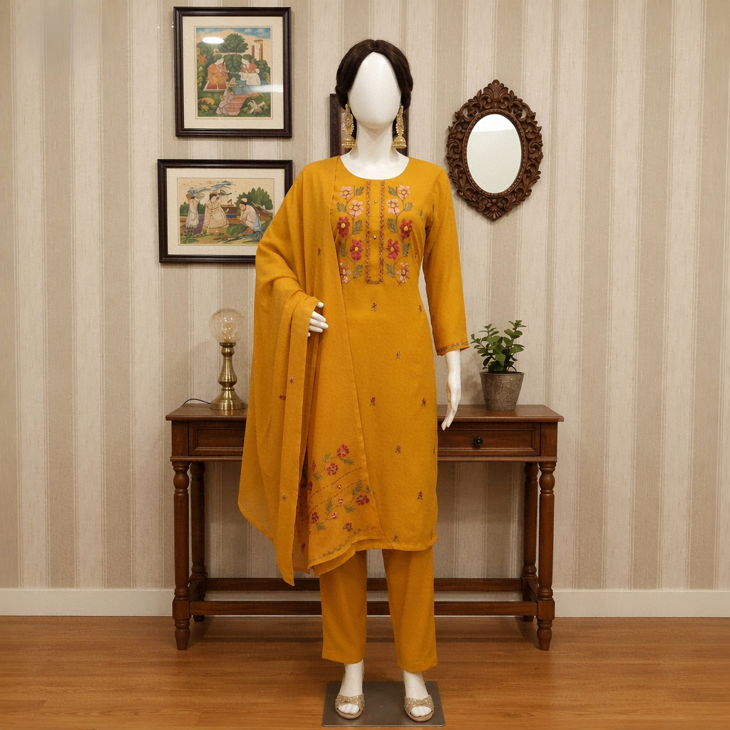Full profile view of the mustard 2-piece set on a mannequin.