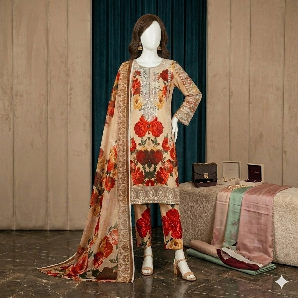 ZH2 Luxury Floral Printed 3-Piece Silk Suit for Women| (SU-5008)
