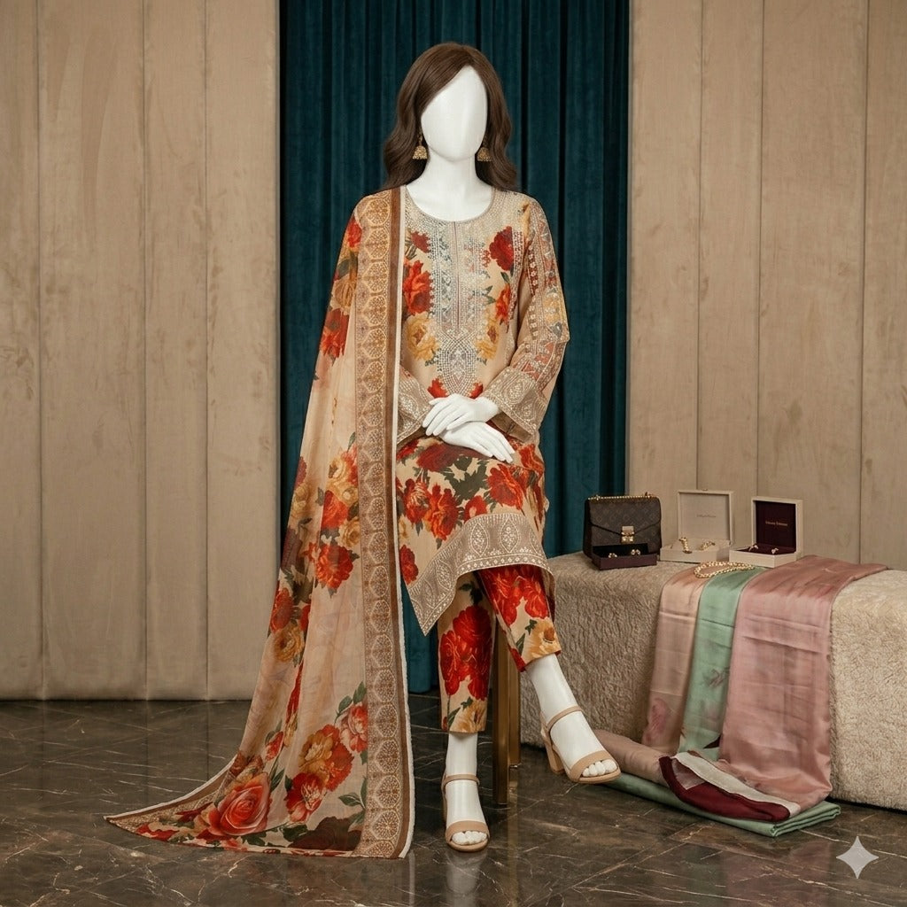 ZH2 Luxury Floral Printed 3-Piece Silk Suit for Women| (SU-5008)