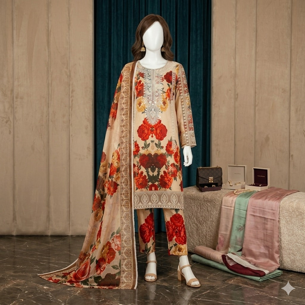 ZH2 Luxury Floral Printed 3-Piece Silk Suit for Women| (SU-5008)