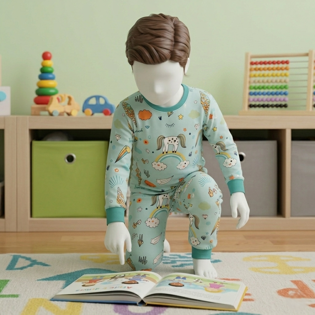 A mannequin in a seated, active pose wearing the 2-piece kids' lounge set while reading a book in a playroom setting.
