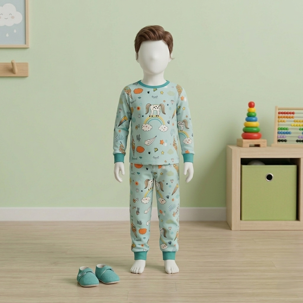 A mannequin showcasing the full-length view of a light blue 2-piece kids' lounge set featuring a whimsical pony and rainbow print.