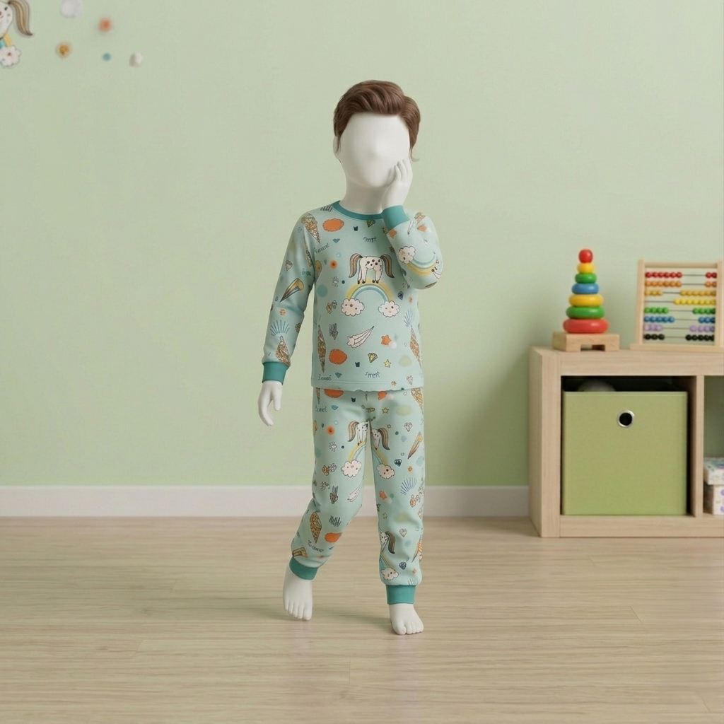 A mannequin modeling the 2-piece kids' lounge set, highlighting the long-sleeve top and playful print pattern.