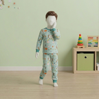 A mannequin modeling the 2-piece kids' lounge set, highlighting the long-sleeve top and playful print pattern.