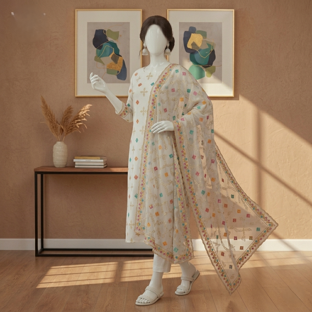 Seated view of a mannequin showcasing the intricate embroidery on the net dupatta and silk shalwar of a 3-piece suit by zh2 store.