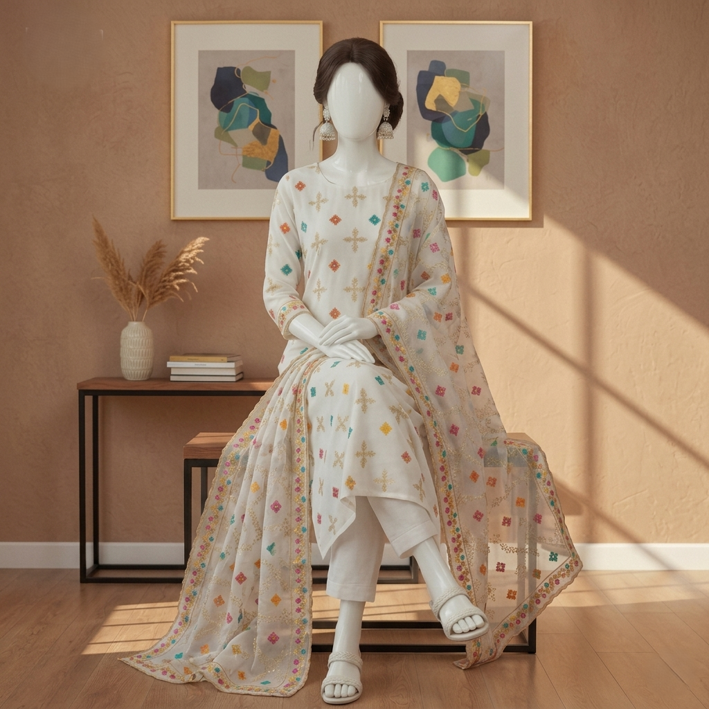 Front view of a mannequin wearing a white 3-piece cotton silk suit with multi-colored embroidery and net dupatta from zh2 store.