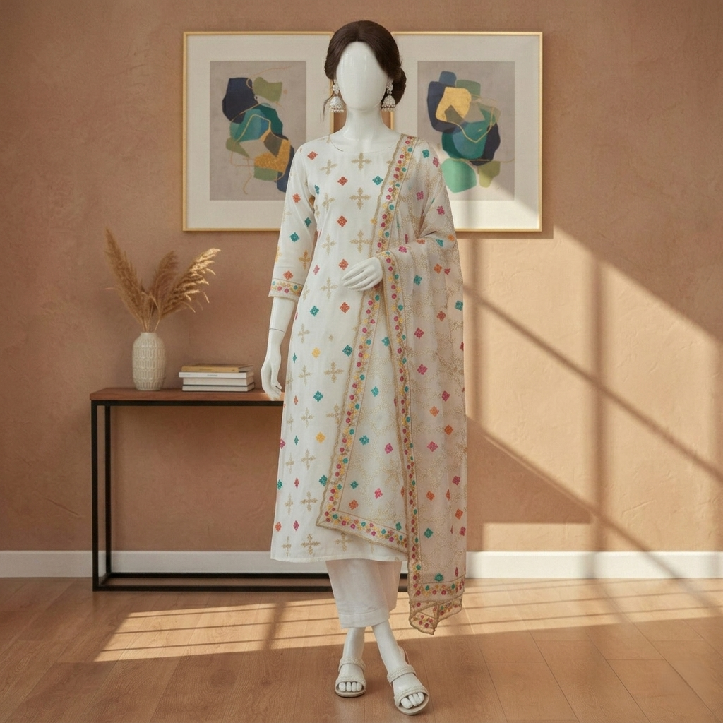 Full-length view of a mannequin styled in a premium 3-piece net and silk suit with vibrant embroidery by zh2 store.
