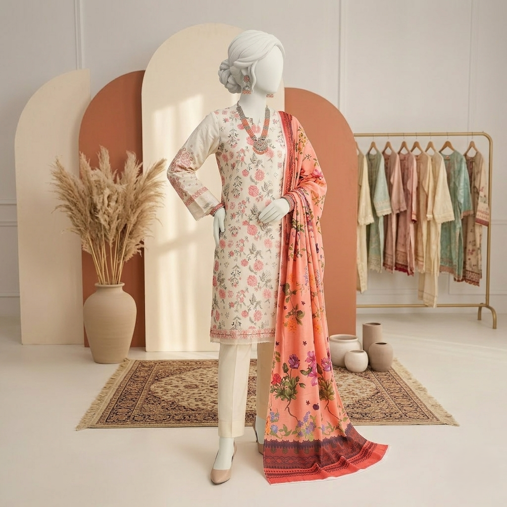 Side-profile view of the floral printed unstitched 3-piece cotton suit, showcasing the elegant dupatta drape and color palette.
