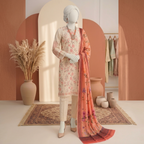 Mannequin displaying an elegant unstitched 3-piece floral cotton suit with a peach-toned dupatta from zh2 store.